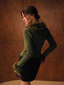 MOTF PREMIUM FUZZY TRIM RIBBED KNIT CARDIGAN - Olive Green - View 5