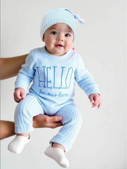 SHEIN Noworodkowe stroje do fotografii dla chłopców i dziewczynek, haftowany kombinezon i czapeczka "HELLO" 2 szt., niemowlę 1 miesiąc 100 dni, rekwizyty do zdjęć studyjnych, Hello World, strój dla chłopca, ubranka dla noworodka, ubranka dla chłopca, błękitny strój, zimowy strój dla dziecka, jesień