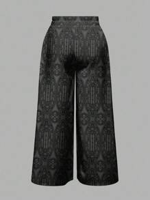ROMWE Goth 女士哥特式宫廷神秘复古教堂松紧腰宽松阔腿裤 - 黑色 - 查看 2