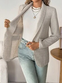 SHEIN LUNE 卡其色女士基础款纽扣西装外套，秋冬季女装，适合秋季、冬季等各种场合，包括外出上衣、乡村风格服饰等。 - 卡其色 - 查看 6