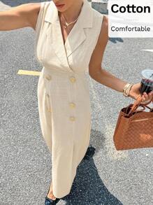 Siren Gaze 女式纯色翻领双排扣无袖休闲连衣裙 - 杏色 - 查看 5