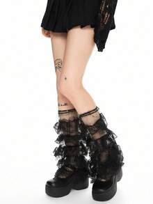 ROMWE Kawaii 1 Pair Elegant Black Lace Layered Tulle Glitter Moon & Star Leg Warmers - Black - View 3