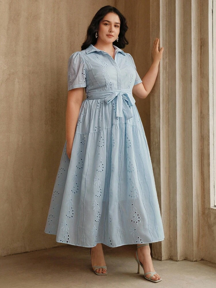 Anewsta Women's Elegant Vacation Shirt Collar Short Sleeve Cinched Waist Loose Dress, Plus Size, Spring/Summer - Baby Blue - View 7