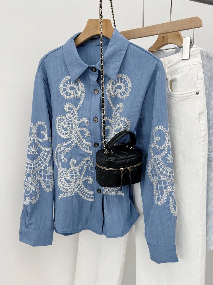 SHEIN Frenchy 女性用 刺繍デザイン ドロップショルダー 長袖