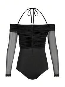 Ellevyn Women's Elegant Black Halter Neck Ruched Mesh Long Sleeve Bodysuit, Autumn/Winterhalloween