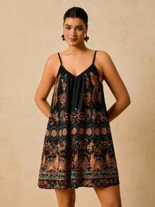 Travachic 加大码复古印花连体裤，深 V 领露背系带彩色复古图案女式度假短裤，全新 - 黑色 - 查看 6