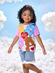 SHEIN X Care Bears T-shirt à manches courtes avec motif ours de dessin animé mignon et blocs de couleur, convient pour le printemps, l'été et l'automne