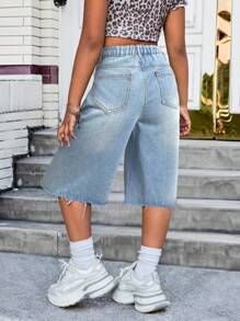SHEIN Shorts vaqueros lavados informales para niñas preadolescentes, verano - Azul - Ver 2