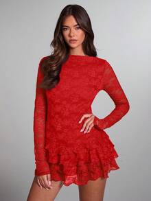 SHEIN BAE Rochie mini elegantă de damă, culoare vișinie, cu dantelă, stratificată, cu volane, potrivită pentru întâlniri romantice, cluburi de noapte, petreceri de ziua de naștere, Ziua Îndrăgostiților, rochie mini sexy cu mânecă lungă, cu imprimeu floral - roșu - Vizualizare 5