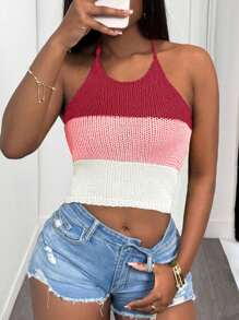 Slaydiva Nouveau Top tricoté à rayures multicolores style décontracté, de rue, sexy, pour sorties quotidiennes, vacances à la plage, croisière, anniversaire, avec bretelles ras-du-cou. Convient pour les femmes lors de concerts, vacances, etc. - Rose bonbon - Voir 3