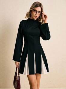 Poéselle 女式立领长袖撞色腰优雅短款连衣裙 - 黑與白 - 查看 6