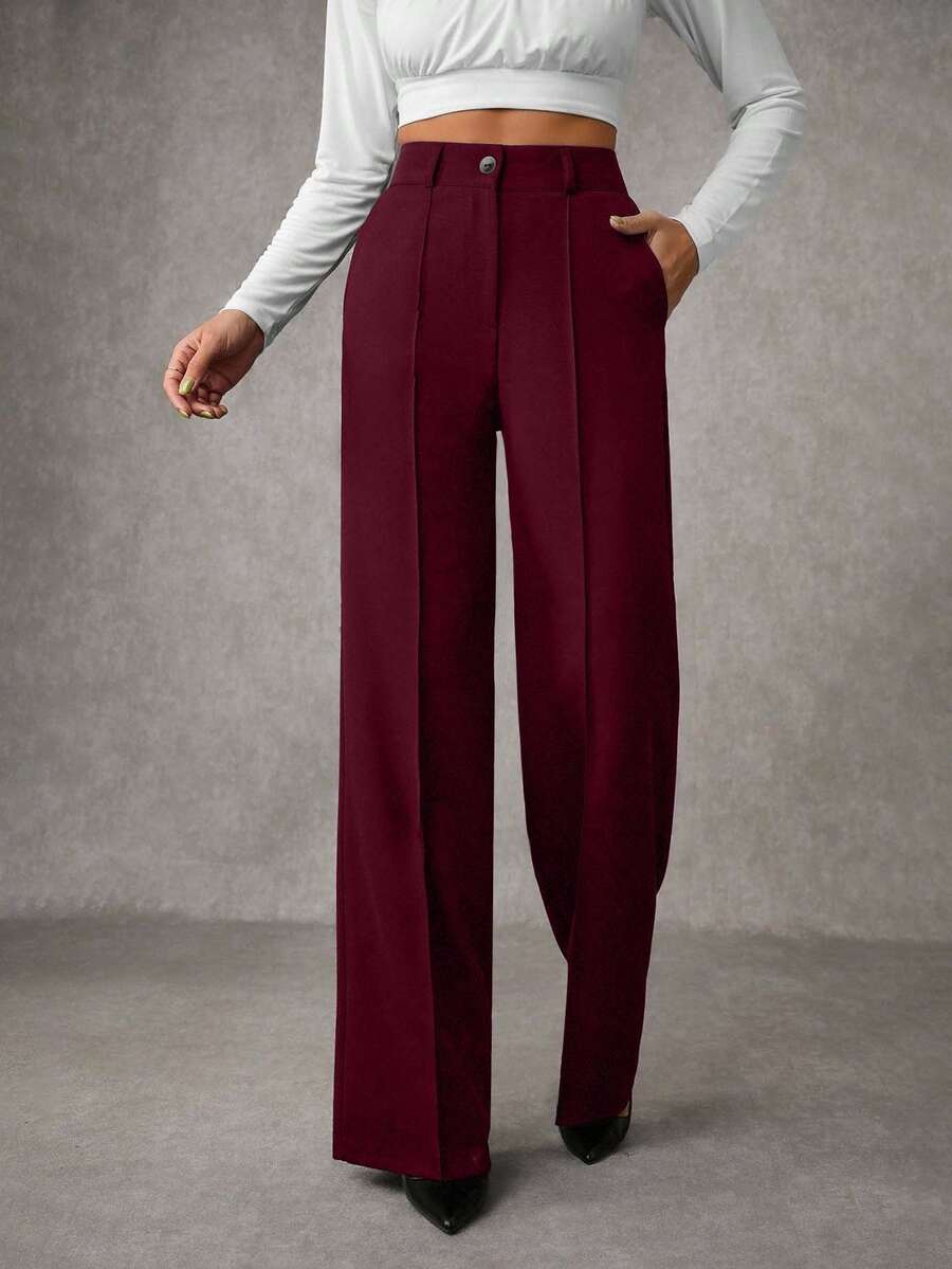 EURMUSE Women's Solid Pleated Seam Detailed Suit Pants - Burgundy - View 1
