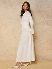 COSMINA Women's Elegant Commuter Solid Color Front Button Long Dress Fall Women Clothes - White - View 4