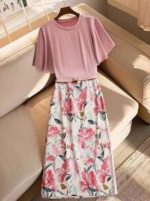 Flirla 两件套全新优雅高端简约风休闲套装，连衣裙和上衣，适合大码女装，夏季女装，女士夏季套装，夏季工作连衣裙 - 彩色 - 查看 1