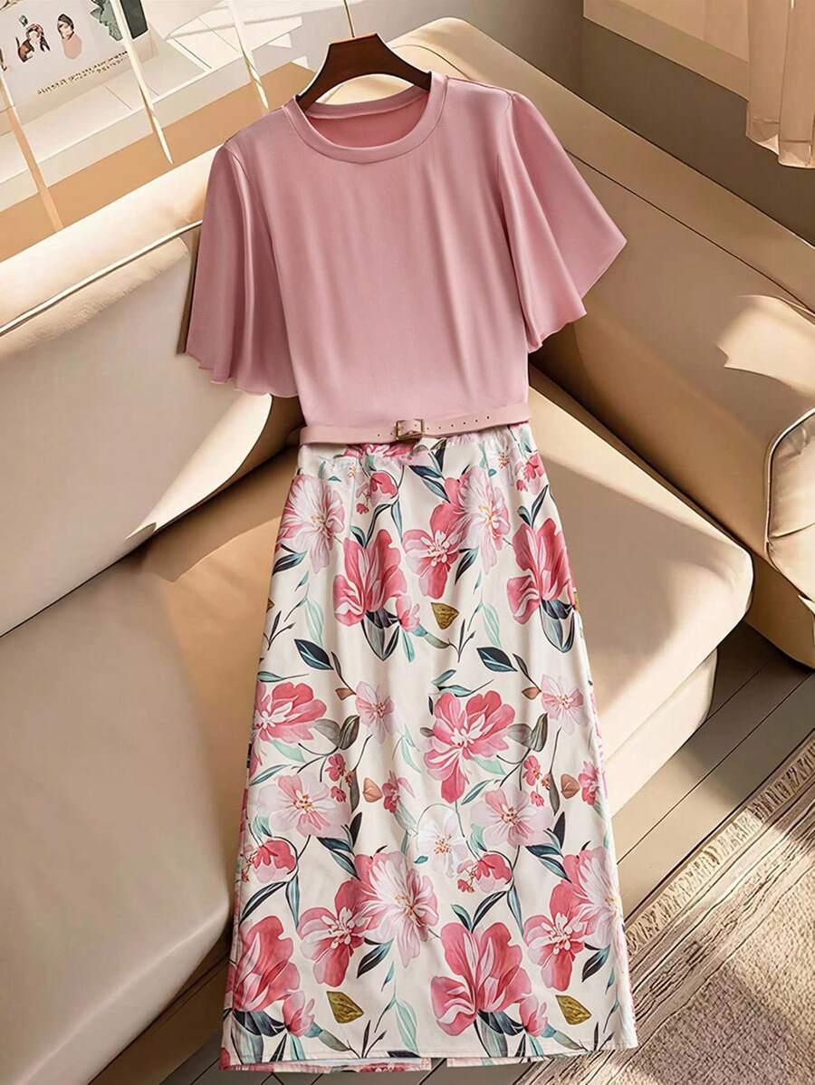 Flirla 两件套全新优雅高端简约风休闲套装，连衣裙和上衣，适合大码女装，夏季女装，女士夏季套装，夏季工作连衣裙 - 彩色 - 查看 1