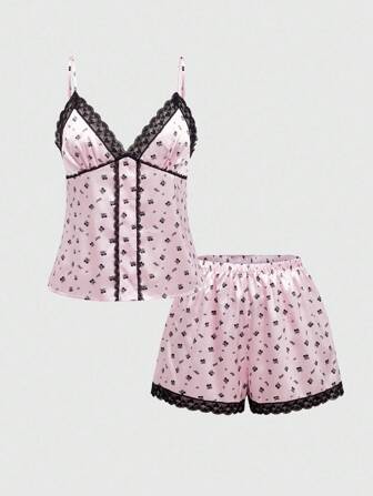 Kawaii Ensemble de pyjama décontracté, Camisole en satin à dentelle en forme de cœur de cerise et short