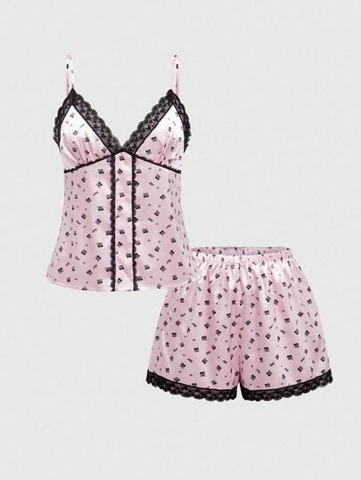 Kawaii Kirsche Herz Spitze Satin Trägerhemd & Shorts Lässig Pyjama Set