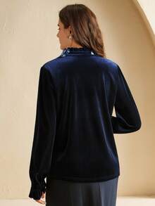 Anewsta Women's Navy Blue Velvet Long Sleeve Ruffle Collar Embellished Button Down Shirt,Navy Blue Floral,Autumn,Elegant,Tea Party,Christmas,Chic,Stylish - Navy Blue - View 6