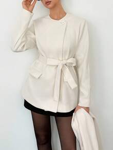 SHEIN Tall Áo khoác len màu trơn tay dài thắt eo thanh lịch cho nữ, áo khoác màu kem, áo khoác có thắt lưng, thời trang thu/đông - trắng - Xem 7