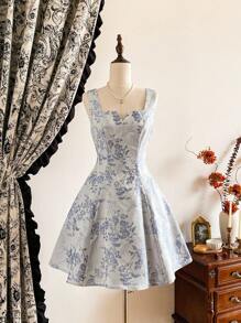 Vintamour 复古经典优雅女装，春夏修身提花连衣裙，无袖直筒连衣裙，短裙，喇叭裙，太阳裙 - 藍色 - 查看 1