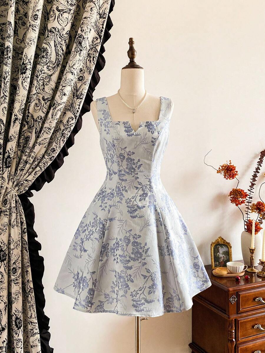 Vintamour 复古经典优雅女装，春夏修身提花连衣裙，无袖直筒连衣裙，短裙，喇叭裙，太阳裙 - 藍色 - 查看 1