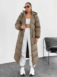 SHEIN Cottnline Waterproof, Keep Warm Feature, Double Colored Drawstring Detailed, Puffer Wintercoat - Beige - View 1