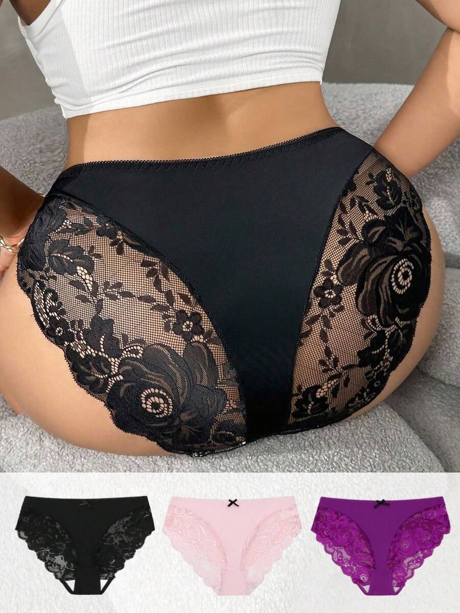 SHEIN 加大码纯色性感蕾丝拼布内裤 - 彩色 - 查看 1