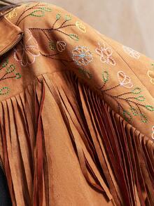 Easelle 游牧夹克常规流苏夹克刺绣绳绣花图案花卉秋冬夹克波西米亚风西部 - 棕色 - 查看 10