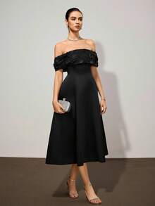 Poshira 女士露肩黑色晚礼服 - 黑色 - 查看 5