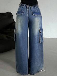 少女Y2K 90年代复古水洗褶皱牛仔低腰宽松阔腿工装裤，返校休闲风，街头潮流，秋冬必备 - 中等水洗藍 - 查看 2