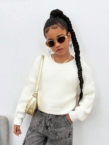 SHEIN Suéter de cuello redondo de manga larga, de corte holgado y texturizado, para niña preadolescente - Beis - Ver 5