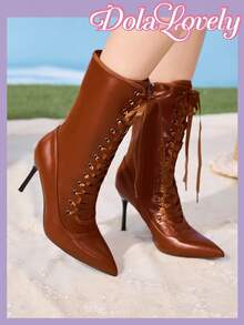 Dola Lovely Fashionable Women's Pointed Toe High Heel Boots, Sexy Pink Shaft Boots, Warm & Fluffy - Brown - View 5