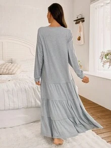 SHEIN Front & Center 休闲字母印花宽松长袖层叠式长款睡裙，秋季女士睡衣连衣裙家居服，冬季家居服连衣裙，宽松睡裙