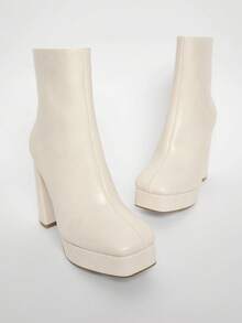 Solezae Women's Comfortable & Fashionable Square Toe Side Zipper Chunky Heel Ankle Booties - Beige - View 5