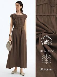 Aalyst 女士优雅简约高端休闲度假无袖连衣裙，褶皱分层设计，竹纤维面料，圆领，收腰，适合办公室、通勤、海滩、音乐节、春夏季 - 咖啡棕 - 查看 1