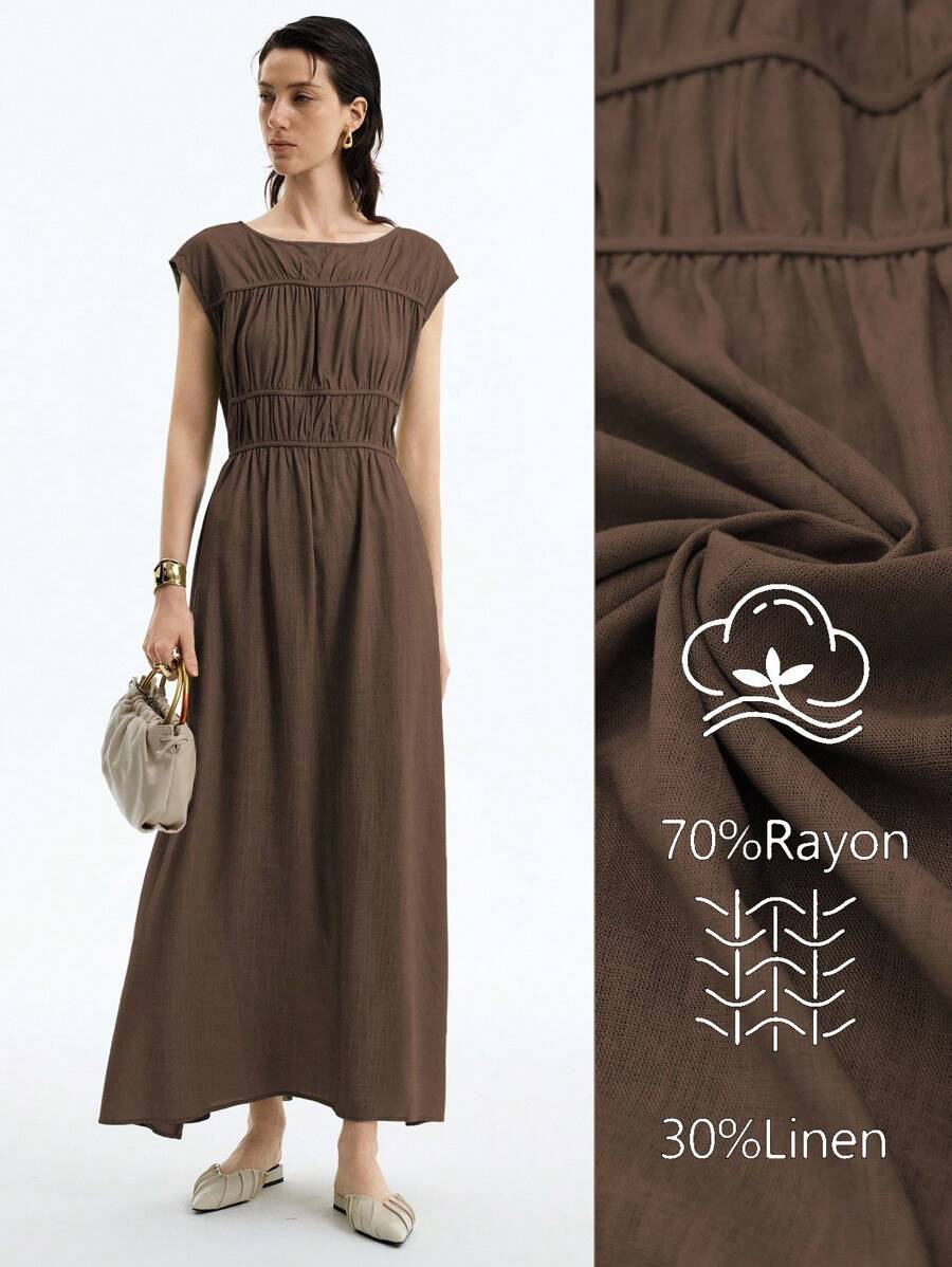 Aalyst 女士优雅简约高端休闲度假无袖连衣裙，褶皱分层设计，竹纤维面料，圆领，收腰，适合办公室、通勤、海滩、音乐节、春夏季 - 咖啡棕 - 查看 1