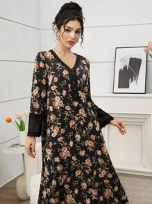 Yasmyna Vestido con estampado floral de encaje y gasa con cuello en V, estilo árabe, con pañuelo para la cabeza, color rosa - Negro - Ver 7