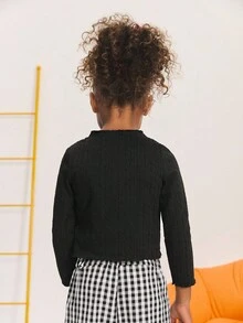 SHEIN Young Girl Casual Everyday Knit Collar Ruffle Trim White Fitted Long Sleeve Cardigan,In Fall/Winter - Black - View 2