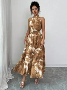 Modelyn Váy chữ A không tay buộc eo in họa tiết tie dye dành cho nữ, màu tím nhạt - Màu Khaki - Xem 5