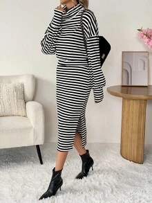 SHEIN LUNE 女式休闲条纹腰部收腰长袖中长连衣裙 - 黑與白 - 查看 8