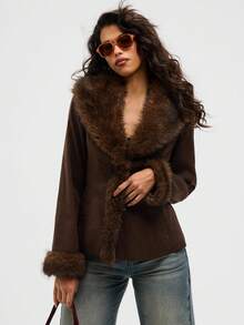 Aloruh Áo khoác thường chắp vá lông giả cổ điển thời trang dành cho nữ, mùa thu, lễ hội Rave chào đón năm học mới, buổi hòa nhạc đồng quê Ibiza Nashville, trang phục miền Tây dành cho nữ, phong cách Boho, đường phố, nhiệt đới, áo khoác dáng rộng màu nâu Gyaru - màu nâu - Xem 6