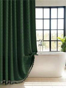 SHEIN 1 件波西米亚纯色编织面料浴帘，包含 12 个挂钩，可机洗针织窗帘，流苏 72 英寸 X 72 英寸现代农舍极简主义，毛绒复古纹理，浴室防水浴帘，酒店装饰家居浴室装饰夏季浴室配件 - 彩色 - 查看 13