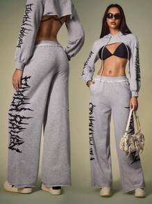 Shutterstock Women's Loose Gothic Letter Print Frayed Hem Drawstring Sweatpants, Casual Street Style For Halloween, Back To School, Autumn Graphic Sweatpants Wide Leg Sweatpants Grey Sweatpants Women Matching Idea Party Pant