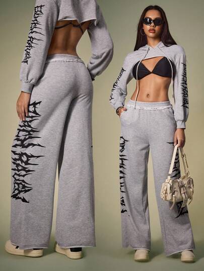 Shutterstock Women's Loose Gothic Letter Print Frayed Hem Drawstring Sweatpants, Casual Street Style For Halloween, Back To School, Autumn Graphic Sweatpants Wide Leg Sweatpants Grey Sweatpants Women Matching Idea Party Pant