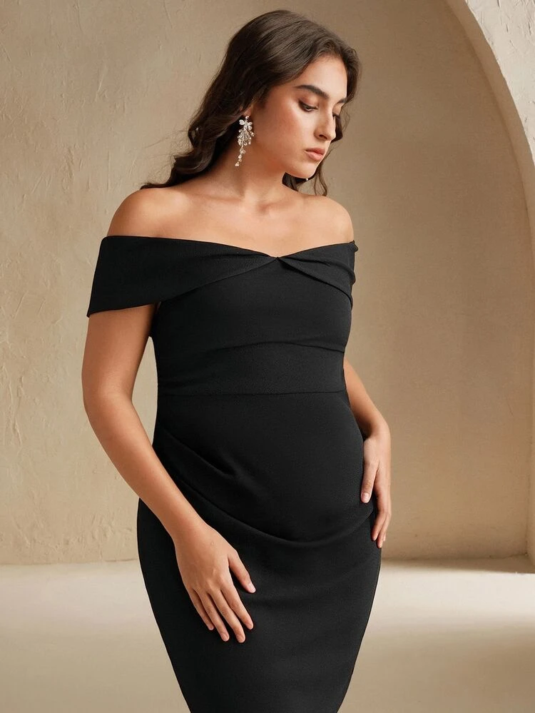 Plus Size Women's Elegant Off Shoulder Ruched Bodycon Midi Dress, Black, Summer