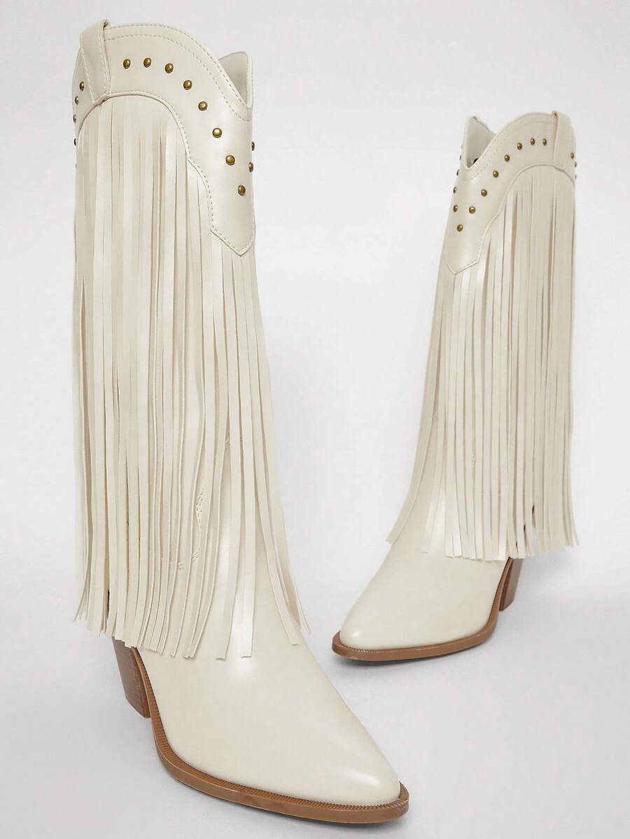 Solezae Giày bốt cao gót mũi vuông tua rua kiểu miền Tây thoải mái cho nữ - trắng - Xem 1