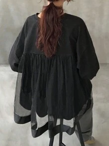 FRIFUL Women's Loose Fit Round Neck Long Sleeve Black Solid Color Sheer Mesh Patchwork Back Casual T-Shirt, Versatile For Autumn