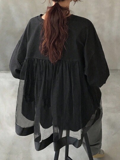 FRIFUL Women's Loose Fit Round Neck Long Sleeve Black Solid Color Sheer Mesh Patchwork Back Casual T-Shirt, Versatile For Autumn
