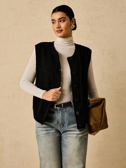 SHEIN VCAY 大码时尚女式无袖开衫毛衣黑色背心女式黑色背心黑色针织背心纽扣背心秋季背心