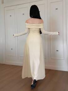 Feyla 3D花卉扭花露肩长袖优雅优雅连衣裙 - 杏色 - 查看 6